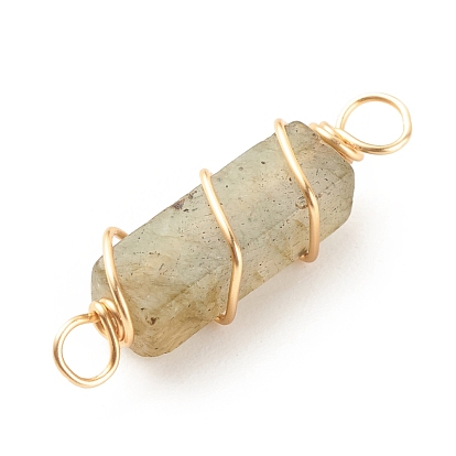 Charmes de connecteur de pierres précieuses naturelles, avec fil de cuivre doré enroulé, cuboïde