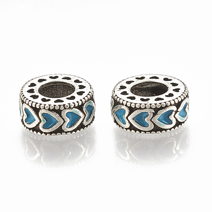 Alloy European Beads, Large Hole Beads, with Enamel, Flat Round with Heart, Antique Silver