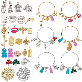 DIY Word Charm Bangle Making Kits, Including Adjustable Iron Expandable Bangle Makings, Plant & Animal & Fruit & Angel & Heart & Abstract Face & Word Alloy and Brass and Acrylic Charms Pendants