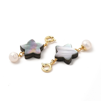 Natural Paua Shell Star Brass Spring Ring Clasps Charms, with Natural Pearl Round Beads