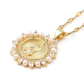 Fleur avec collier pendentif zircone cubique vierge marie avec perle de résine perlée, bijoux en laiton pour femmes