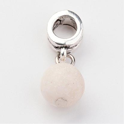 Large Hole Alloy European Dangle Charms, with Natural Gemstone Pendants, Round, Antique Silver