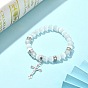 Cat Eye Round Beaded Stretch Bracelet with Alloy Corss Charms for Women