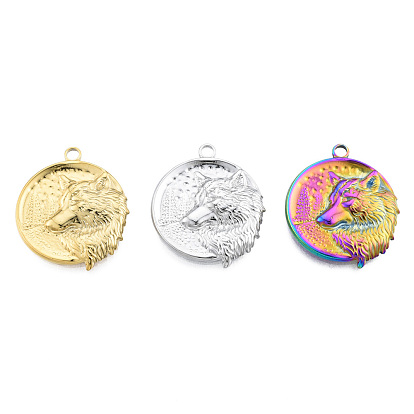 201 Stainless Steel Pendants, Flat Round with Wolf