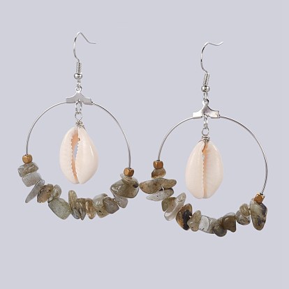 Chip Gemstone Dangle Earrings, with Cowrie Shell and Electroplate Non-magnetic Hematite Beads, Brass Findings