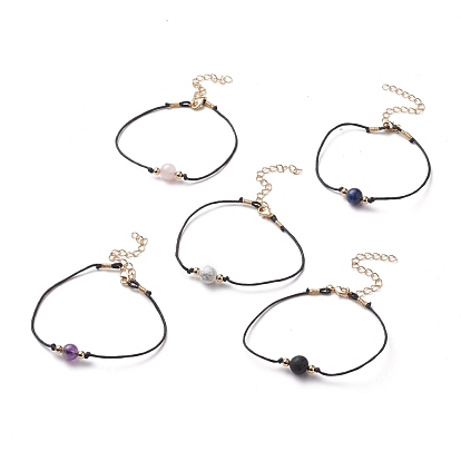 Bracelets de pierres précieuses perles, avec des cordons de coton ciré, perles rondes en laiton et fermoirs à pince de homard, or