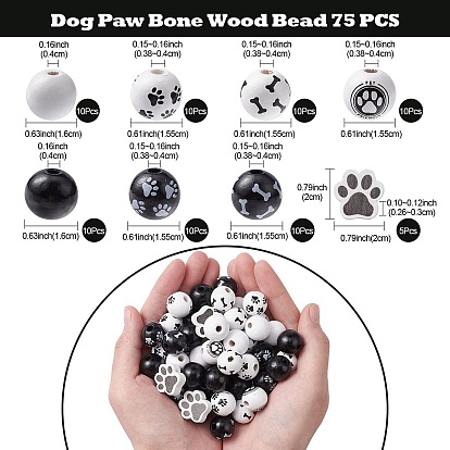 75Pcs 8 Styles Spray Painted Wood Beads Sets, for Jewelry Making, Round & Dog Paw Print, White