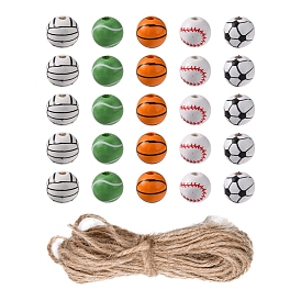 50Pcs 5 Styles Printed Natural Wood European Beads, Large Hole Beads, Baseball & Volleyball & Football & Basketball, with 1 Bundle Jute Cord