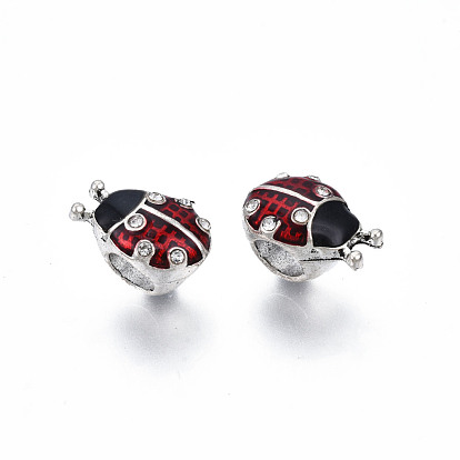 Rack Plating Alloy Enamel European Charms, with Crystal Rhinestone, Large Hole Beads, Cadmium Free & Lead Free, Antique Silver, Ladybird