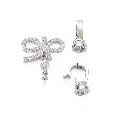 Brass Micro Pave Clear Cubic Zirconia Peg Bails Fold Over Clasps, Nickel Free, for Half Drilled Bead, Bowknot