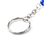 Handmade Lampwork Evil Eye Keychain, with Iron & 304 Stainless Steel Key Clasp Findings and Tibetan Style Alloy Beaads, Flat Round