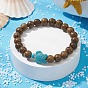 Natural Wood Round & Synthetic Turquoise Turtle Beaded Stretch Bracelet for Women