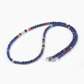 Colliers de perles naturelles de lapis-lazuli et d'agate, avec 304 acier inoxydable fermoir pince de homard, chakra, couleur inox et or