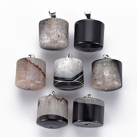 Natural Agate Pendants, with Platinum Iron Pinch Bail, with Half Drilled Hole, Column