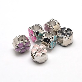 Platinum Plated Flat Round with Plum Blossom Flower Alloy Enamel European Beads, Large Hole Beads, 12x9mm, Hole: 4.5mm