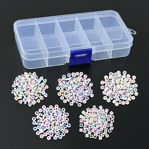 500pcs 5 styles perles acryliques blanches opaques, cube/plat rond/coeur
