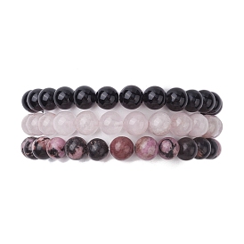 3Pcs 3 Styles Natural & Synthetic Mixed Gemstone Round Beaded Stretch Bracelets Set