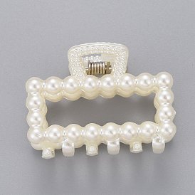 Plastic Claw Hair Clips, with ABS Plastic Imitation Pearl Beads and Iron Findings, Rectangle