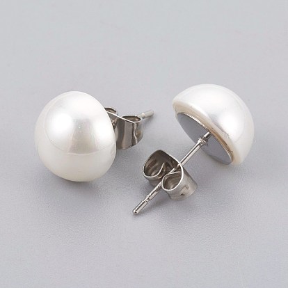 Boucles d'oreilles perles de nacre, avec 304 accessoires en acier inoxydable, plat rond