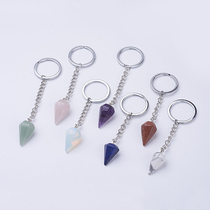 Porte-clé pierres précieuses, avec des porte-clés en fer et des pièces en laiton, cône / pic / pendule, platine