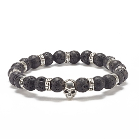 Natural Lava Rock Round Beaded Stretch Bracelet with Alloy Skull, Essential Oil Gemstone Jewelry for Women