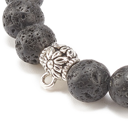 2 pcs 2 bracelets extensibles en perles rondes de pierre de lave naturelle de couleur sertis de fleur en alliage, bijoux de pierres précieuses d'huile essentielle pour les femmes