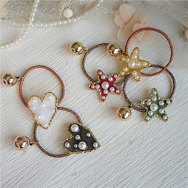 Pendentif en perles d'or vintage avec corde à cheveux en perles en forme de coeur en forme d'étoile à cinq branches