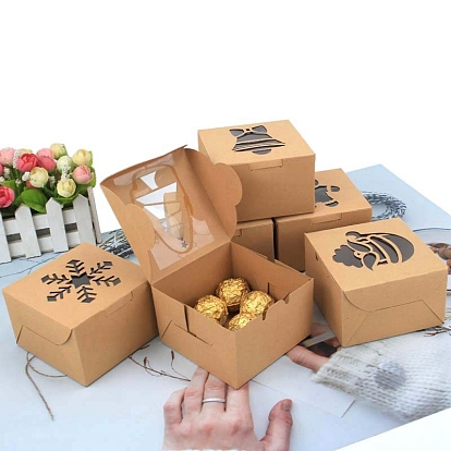 24 piezas 6 cajas de panadería de papel rectangular estilo panadería con ventana, caja de regalo de tema navideño, para mini torta, magdalena, embalaje de galletas