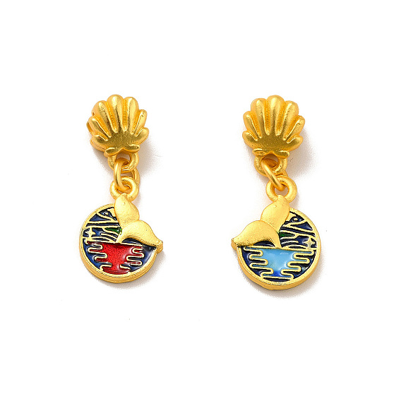 Rack Plating Alloy Enamel European Dangle Charm, Large Hole Pendant, Cadmium Free & Lead Free, Flat Round with Whale Tail, Matte Gold Color