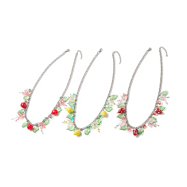 Conjunto de collares con colgante de resina y vidrio de estilo fresa, cereza, limón y hojas, 3 joyas de acero inoxidable para mujer