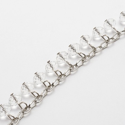 Chaînes de perles de verre rondelles facettées faites main pour colliers fabrication de bracelets, avec des chaînes de câble en fer et une épingle à oeil, non soudée, 39.3, sur 94 pcs / brin