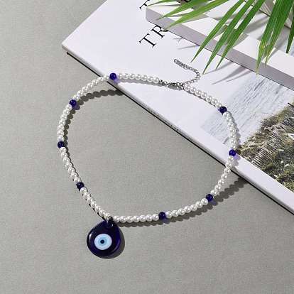 Lampwork Teardrop with Evil Eye Pendant Necklaces, with Glass Pearl and Glass Beads