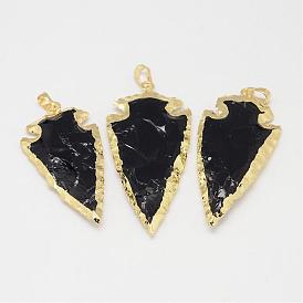Natural Obsidian Big Pendants, Arrowhead, with Brass Finding