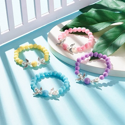 Acrylic Beaded Stretch Bracelets for Kids, with Imitation Pearl & Alloy Wings Beads Bracelets