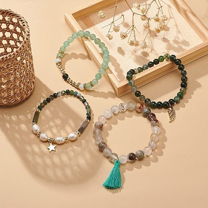 4 шт. 4 набор браслетов из натуральных и синтетических смешанных драгоценных камней и жемчуга, составные браслеты с кисточками, звездами и крыльями для женщин