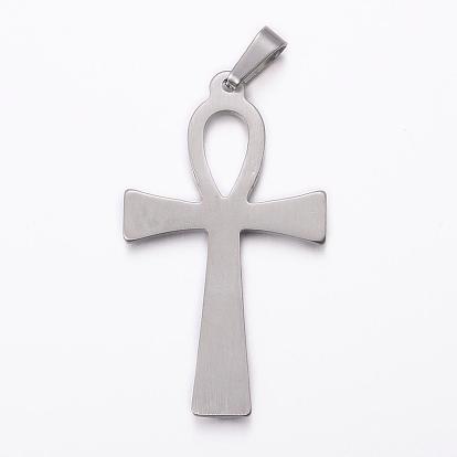 Ion Plating(IP) 304 Stainless Steel Pendants, with 201 Stainless Steel Snap on Bails, Ankh Cross