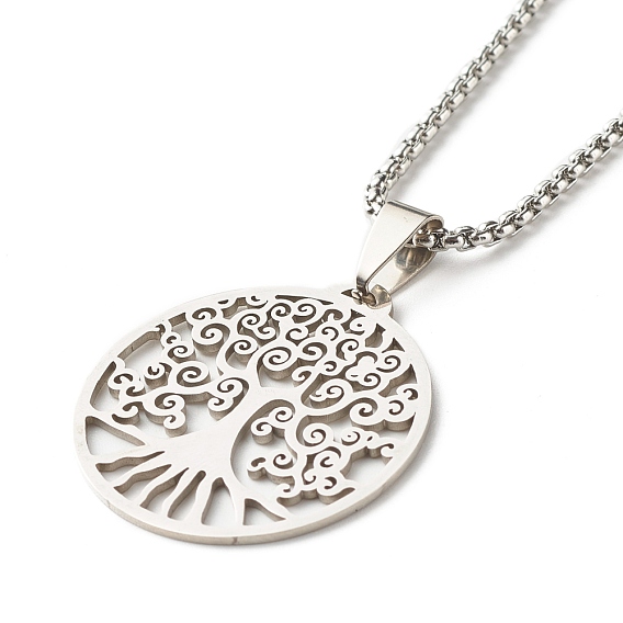 Collier pendentif rond plat avec arbre de vie pour fille femme, 304 collier chaîne vénitienne en acier inoxydable