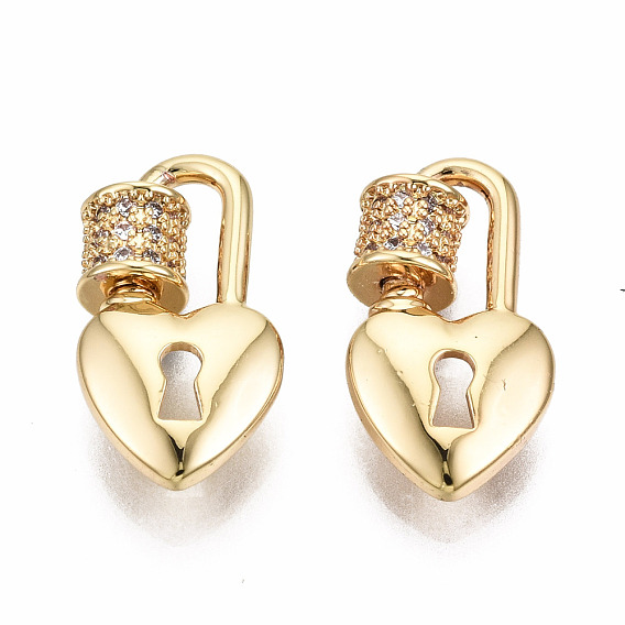 Brass Micro Pave Clear Cubic Zirconia Screw Carabiner Lock Charms, for Necklaces Making, Nickel Free, Heart Lock