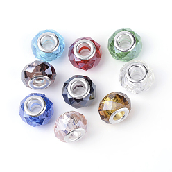Pearlized Glass European Beads, Large Hole Beads, with Silver Color Plated Brass Double Cors, Faceted, Rondelle