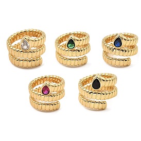 Cubic Zirconia Teardrop Cuff Rings, Rack Plating Real 18K Gold Plated Brass Wrap Ring, Cadmium Free & Lead Free