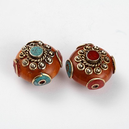 De style tibétain perles rondes plat, avec l'imitation de résine d'abeille, turquoise synthétique et conclusions en laiton doré anciennes, 24x18.5mm, Trou: 2mm
