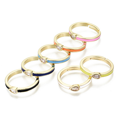 Adjustable Brass Micro Pave Clear Cubic Zirconia Finger Rings, with Enamel, Nickel Free, Teardrop, Real 16K Gold Plated