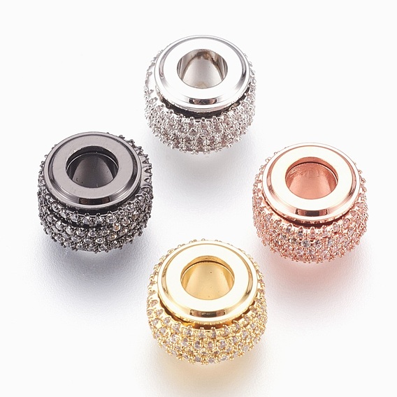 Brass Cubic Zirconia European Beads, Large Hole Beads, Lead Free & Cadmium Free & Nickel Free, Long-Lasting Plated, Rondelle