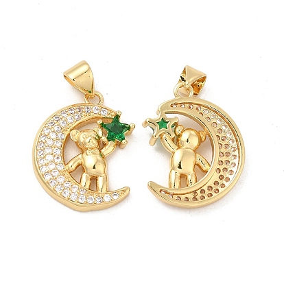 Brass Micro Pave Cubic Zirconia Pendants, Moon with Bear & Star Charm, Golden