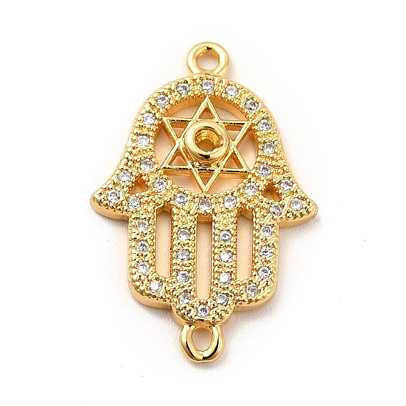 Eco-Friendly Rack Plating Brass Micro Pave Clear Cubic Zirconia Connector Charms, Lead Free & Cadmium Free, Long-Lasting Plated, Religion Hamsa Hand Links