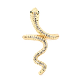 Brass Micro Pave Cubic Zirconia Cuff Rings, Long-Lasting Plated, Snake