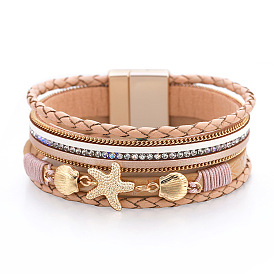 Ethnic Style Bracelet with Colorful Diamond Inlaid - Fashionable Leather Buckle Bracelet.