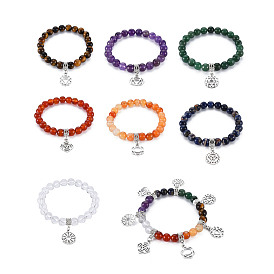 Reiki Natural Mixed Stone Stretch Bracelets for Girl Women, 7 Chakra Alloy Charm Bracelets Set, Platinum