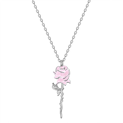 SHEGRACE Rose 925 Sterling Silver Pendant Necklaces, with Epoxy Resin and Cable Chains, Platinum