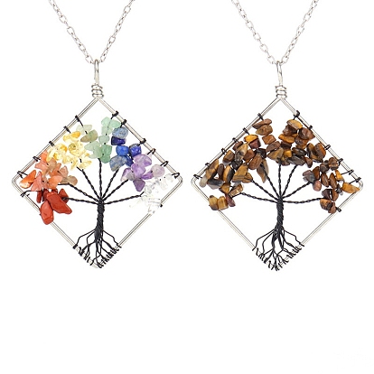 Natural & Synthetic Mixed Stone Chips Beaded Tree of Life Pendant Necklaces, with Platinum Brass Chains